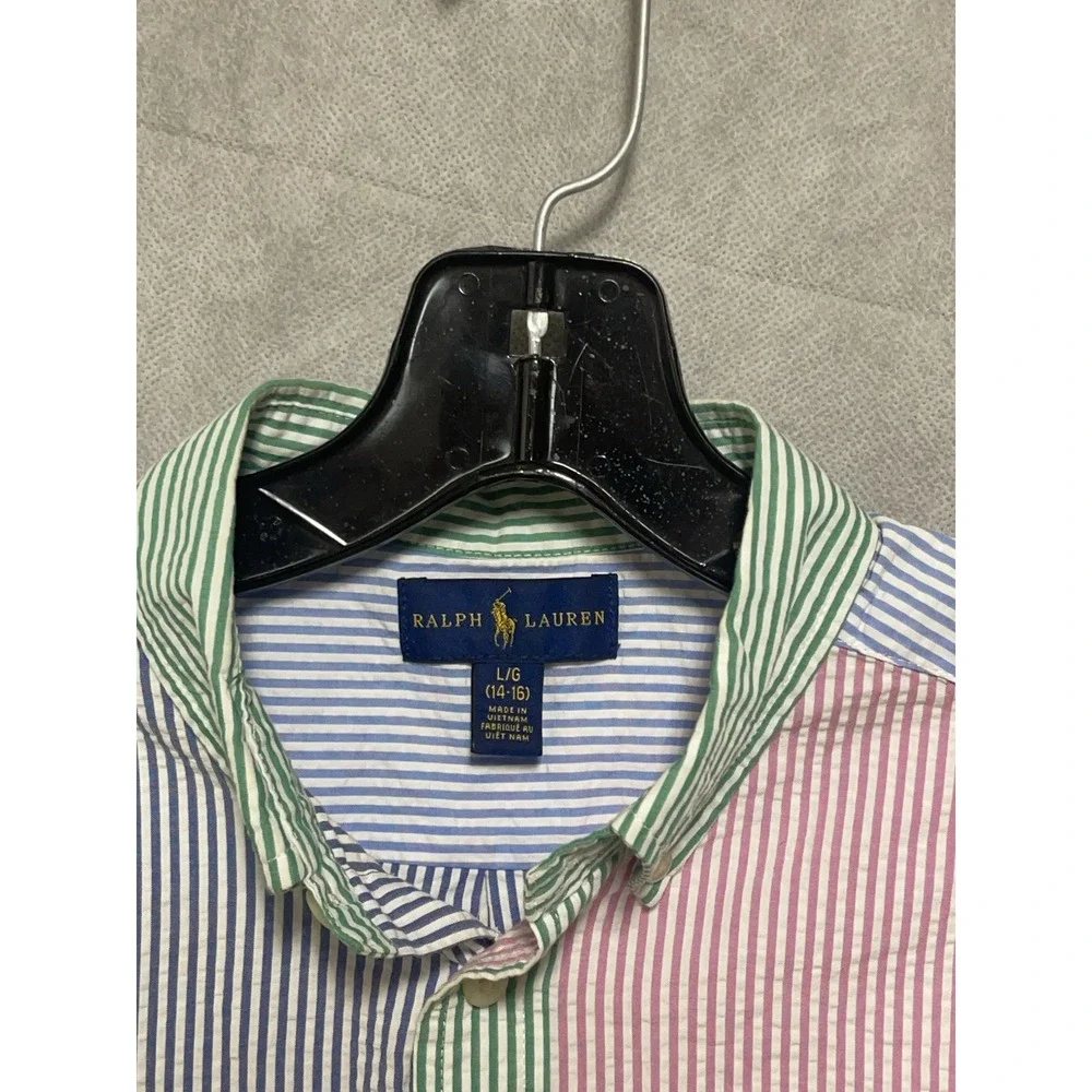 Ralph Lauren Shirt Boy's L (14-16) Hickory‎ Striped Seersucker Button Up Casual